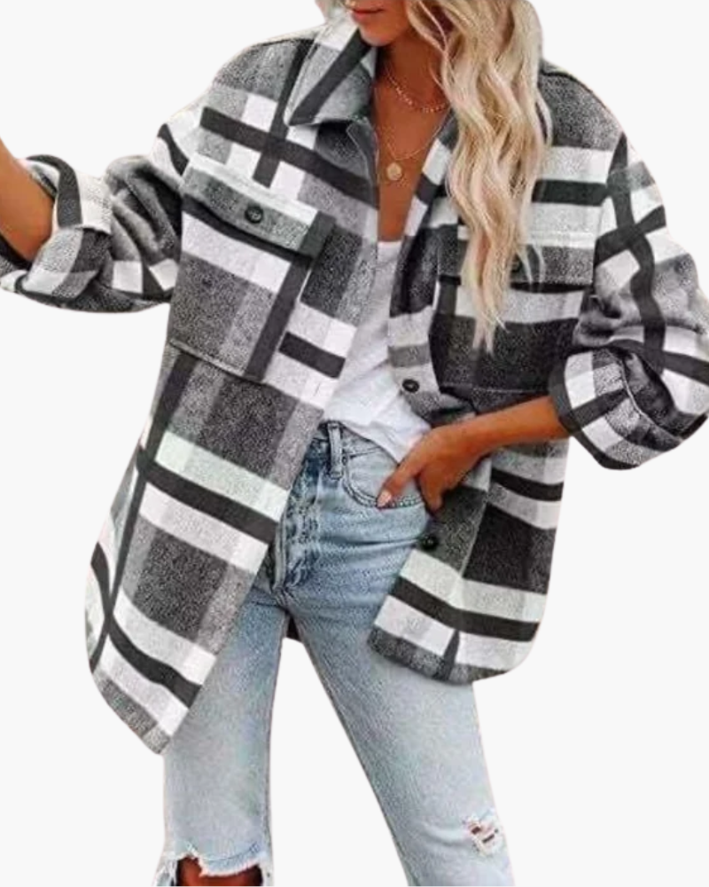Women's oversized checked plaid jacket with pointed collar and button front
