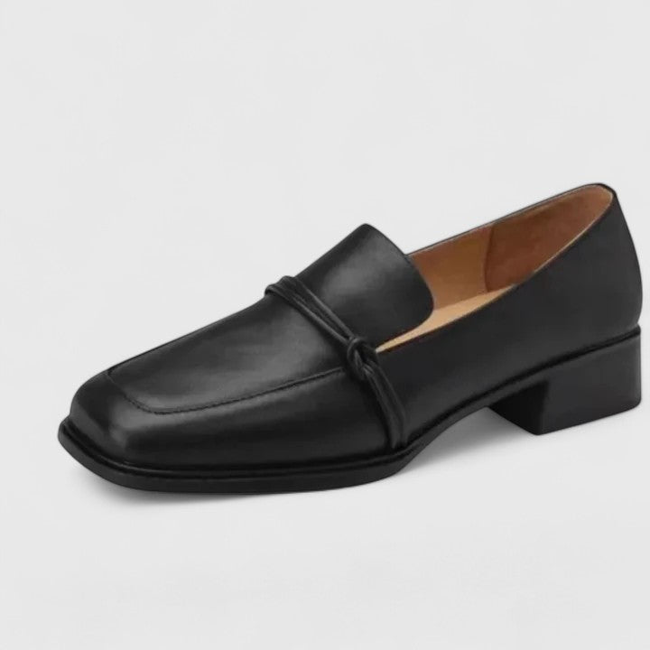 Women's square-toe slip-on loafer with low block heel and vamp strap detail
