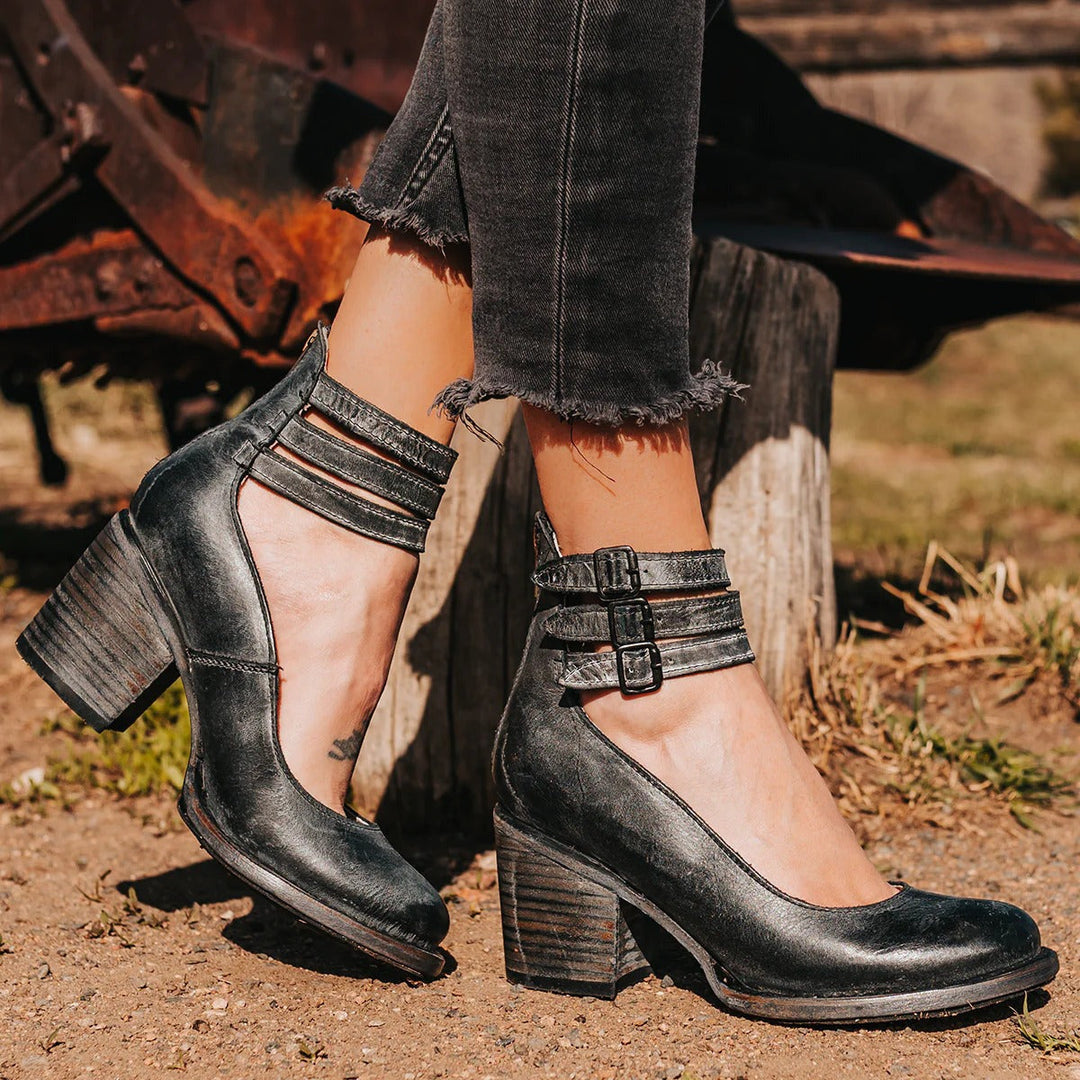 Women's ankle boots with three buckle straps and stacked block heels