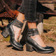 Women's ankle boots with three buckle straps and stacked block heels