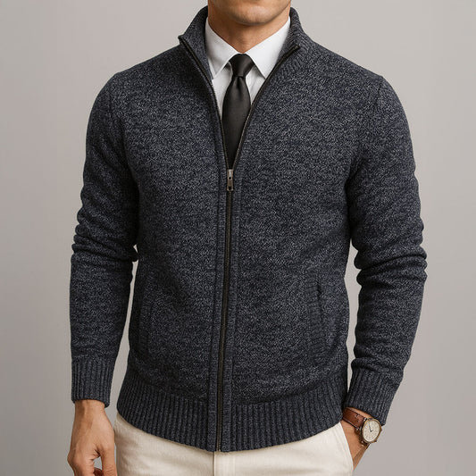 Men's textured zip sweater with mock neck, ribbed trims and front pockets