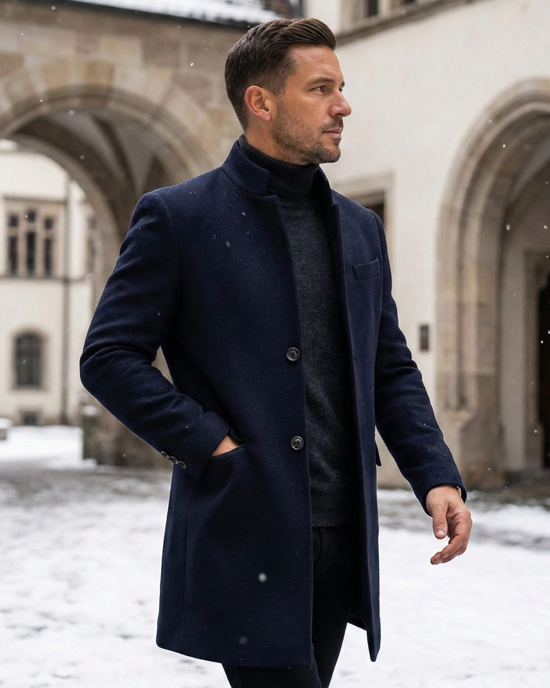 Men's long structured coat with mandarin collar, button front and flap pockets