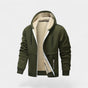 Men's hooded zip cardigan with contrasting sherpa-style lining
