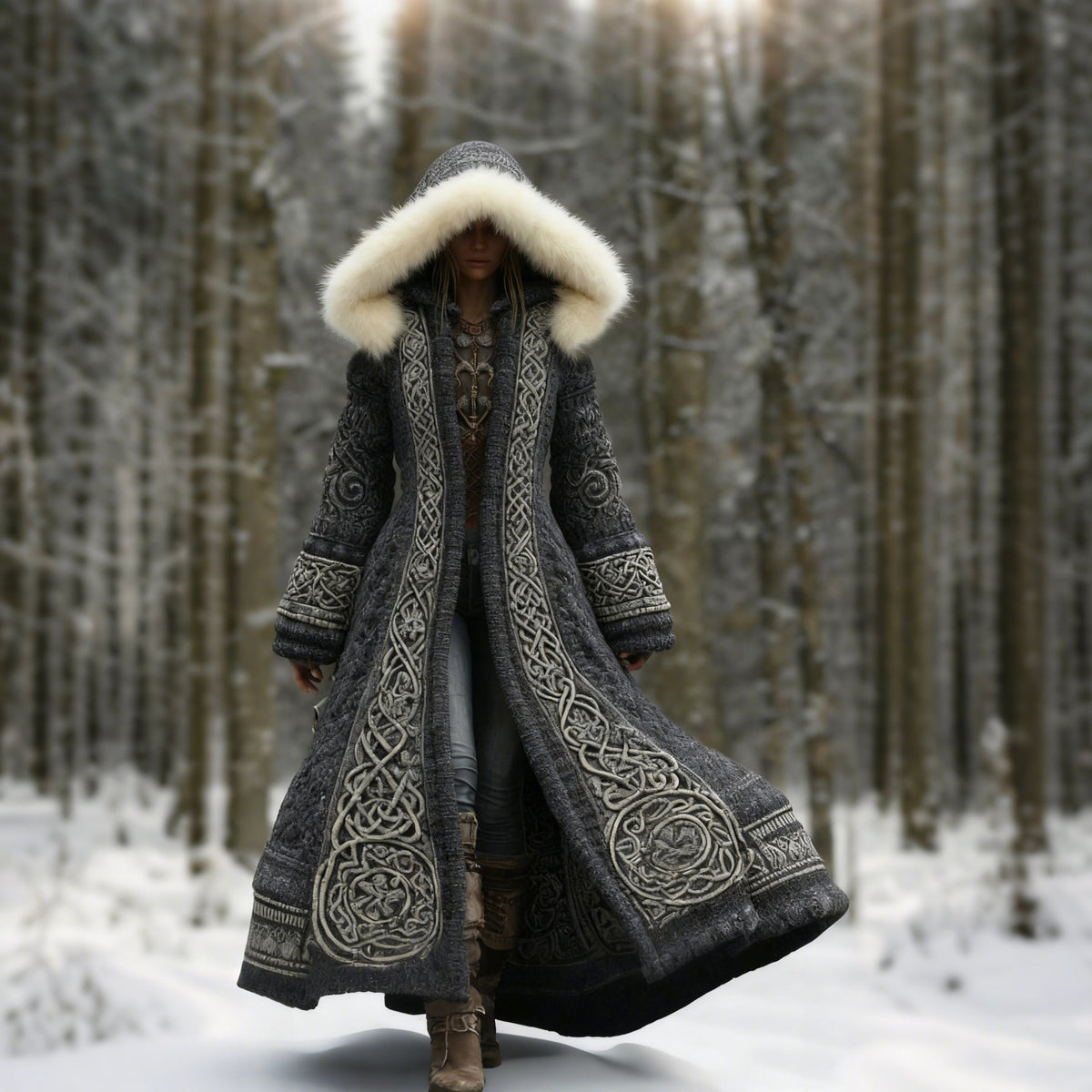 Women's long hooded coat with embroidered panels and fur-like hood trim