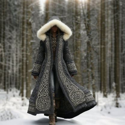 Women's long hooded coat with embroidered panels and fur-like hood trim