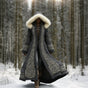 Women's long hooded coat with embroidered panels and fur-like hood trim