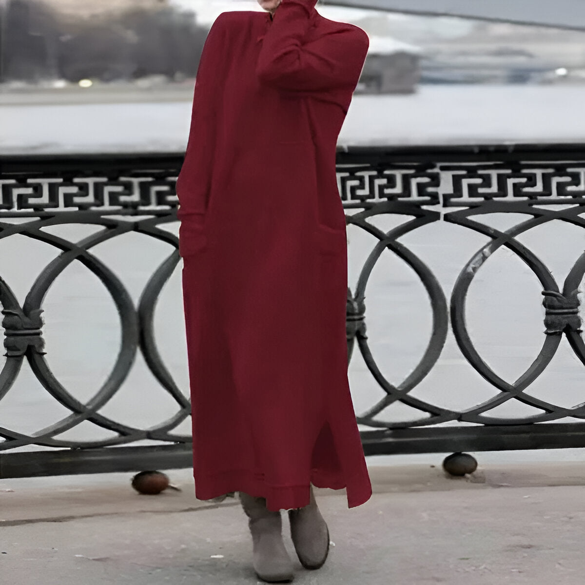 Women's long sleeve high neck maxi dress with side pockets and ankle-length hem