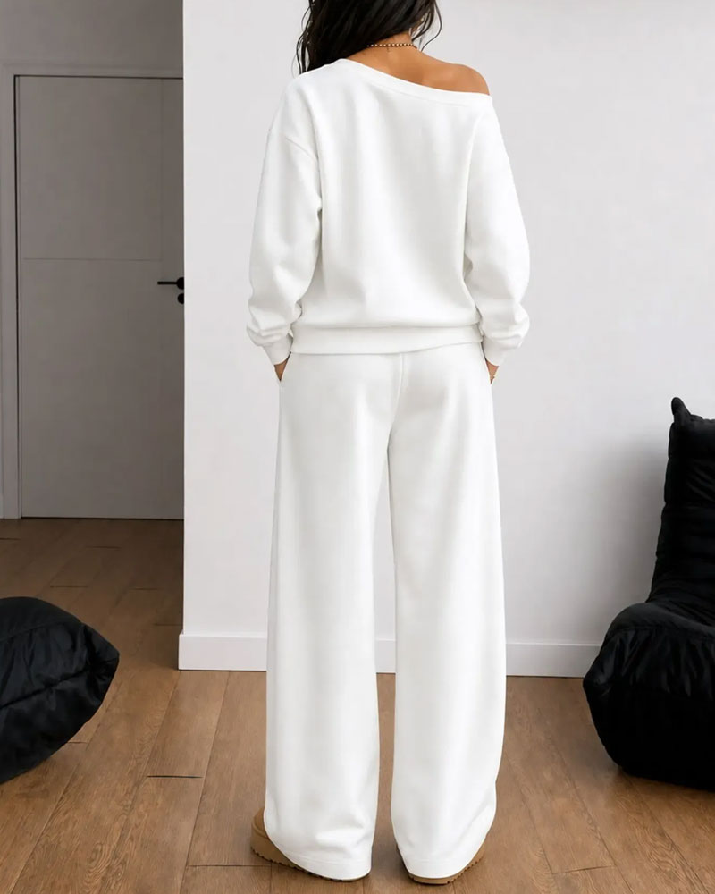 Women's off-shoulder sweatshirt and wide-leg trouser set