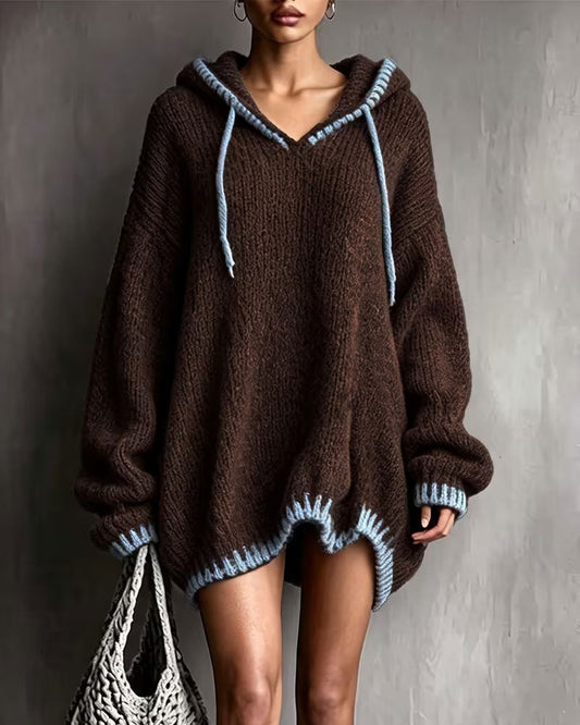 Women's brown hooded knit sweater dress with contrast trim and long sleeves