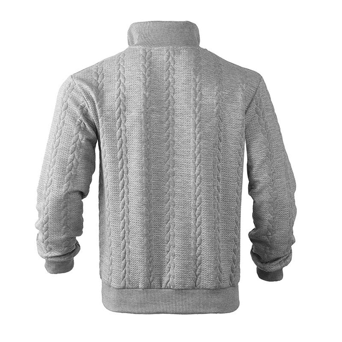 Men's cable knit quarter-zip sweater with mock neck and long sleeves