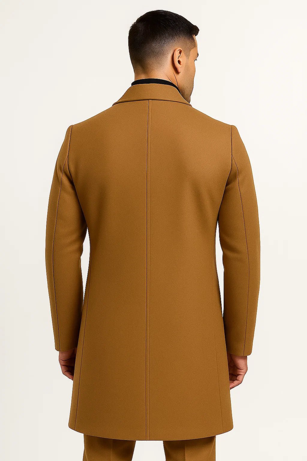 Men's long trench coat with notched lapels, button front and side pockets