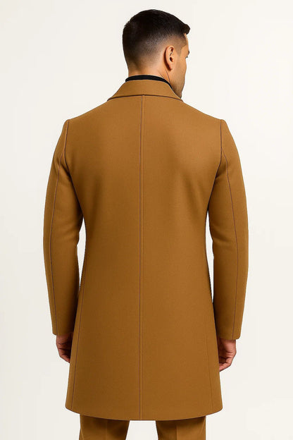 Men's long trench coat with notched lapels, button front and side pockets