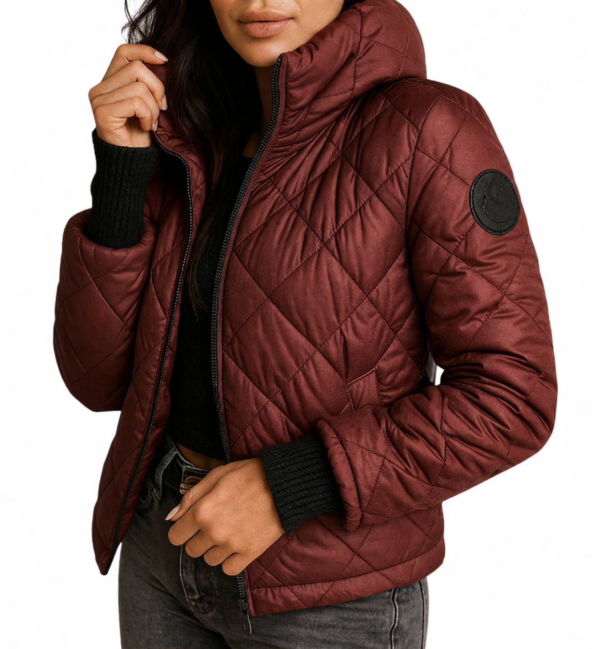 Women's quilted hooded jacket with long sleeves and zip fastening