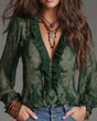 Women's paisley blouse with ruffled V-neck and long sheer sleeves