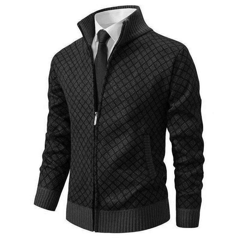 Men's geometric patterned zip-up sweater with stand collar and ribbed trims
