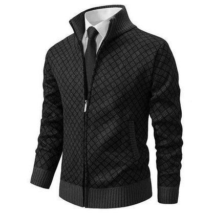 Men's geometric patterned zip-up sweater with stand collar and ribbed trims