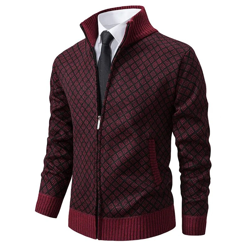 Men's geometric patterned zip-up sweater with stand collar and ribbed trims