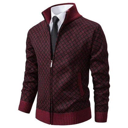 Men's geometric patterned zip-up sweater with stand collar and ribbed trims