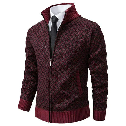 Men's geometric jacquard zip cardigan with mock neck and ribbed trims