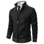 Men's geometric jacquard zip cardigan with mock neck and ribbed trims