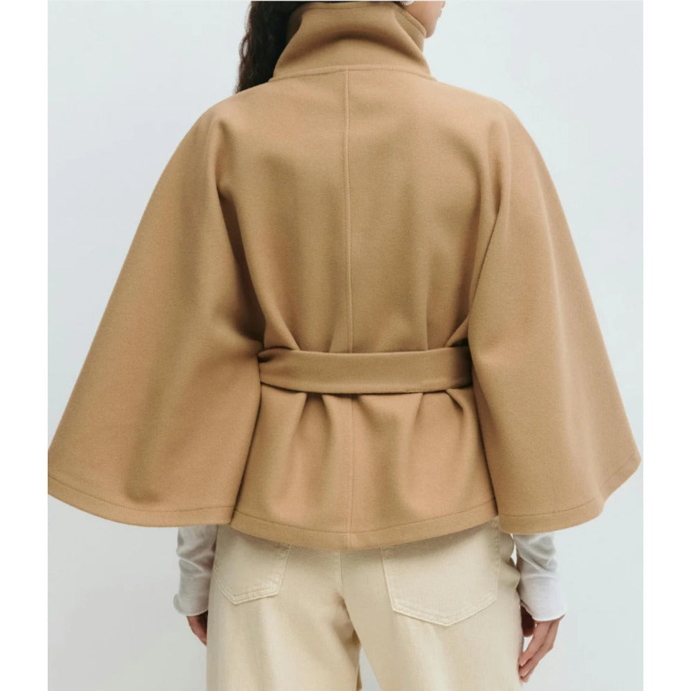 Women's belted cape coat with high collar and wide sleeves