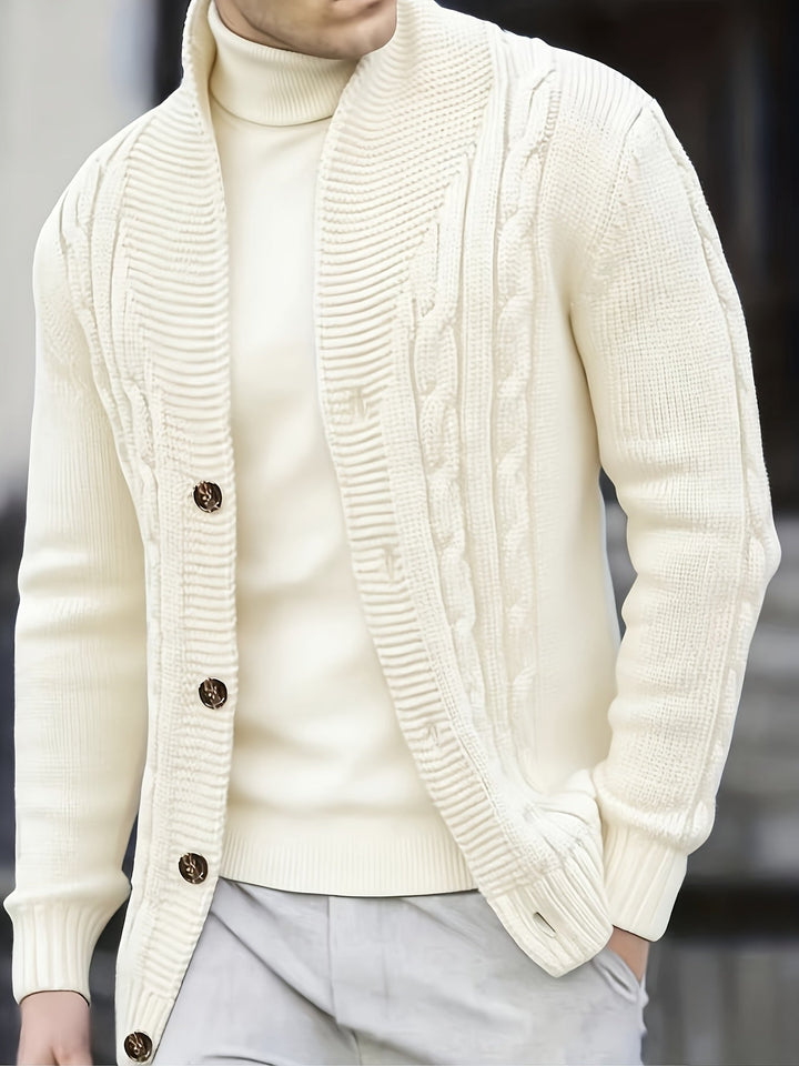 Men's ribbed knit cardigan with wide collar, long sleeves and button front