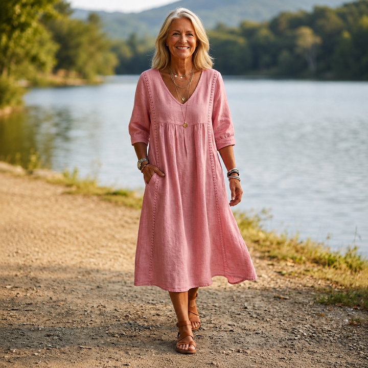 Women's Ruched 3/4-Sleeve Midi Dress — Lightweight Breathable Pocket Summer Dress