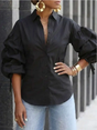 Women's puff sleeve button blouse with tied lapel collar in black