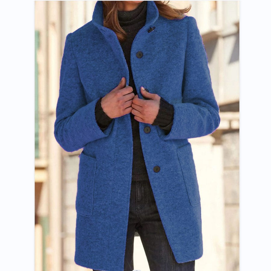 Women's straight mid-thigh coat with stand collar, long sleeves, buttons and patch pockets