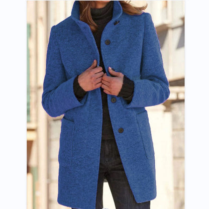 Women's straight mid-thigh coat with stand collar, long sleeves, buttons and patch pockets