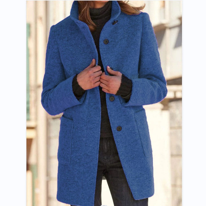 Women's straight mid-thigh coat with stand collar, long sleeves, buttons and patch pockets