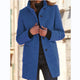 Women's straight mid-thigh coat with stand collar, long sleeves, buttons and patch pockets