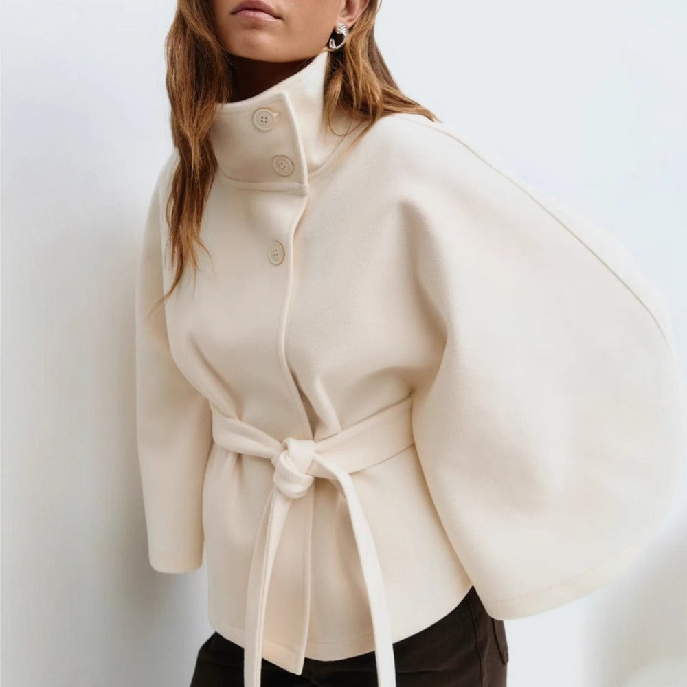 Women's belted cape coat with high collar and wide sleeves