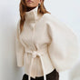 Women's belted cape coat with high collar and wide sleeves