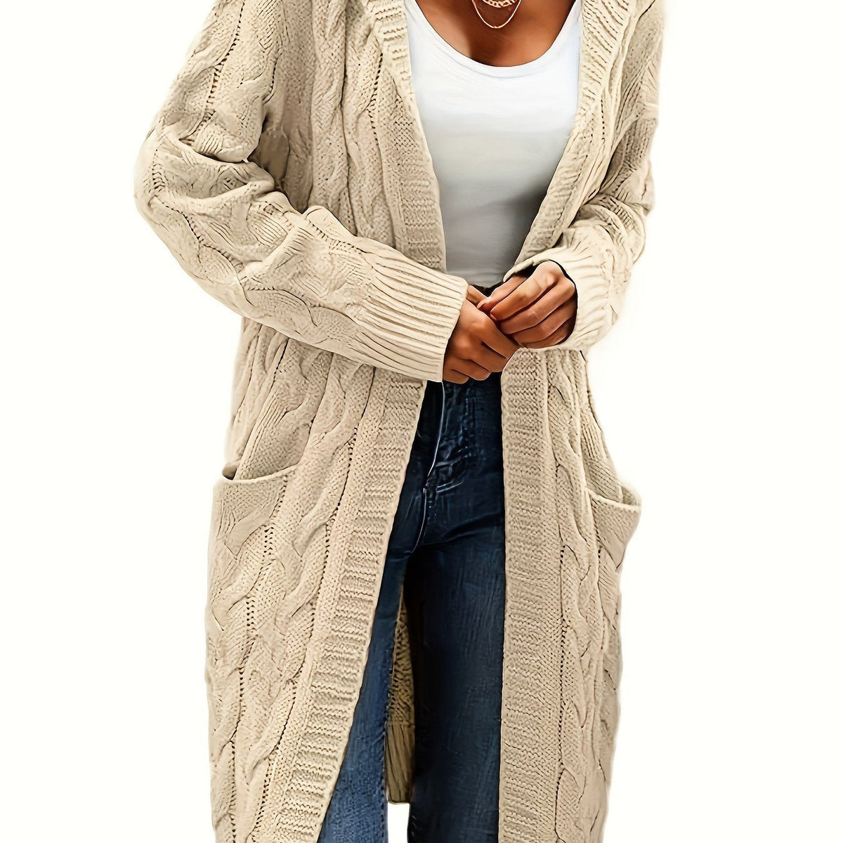Women's long textured cable knit cardigan with open front and patch pockets