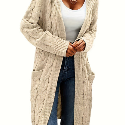 Women's long textured cable knit cardigan with open front and patch pockets