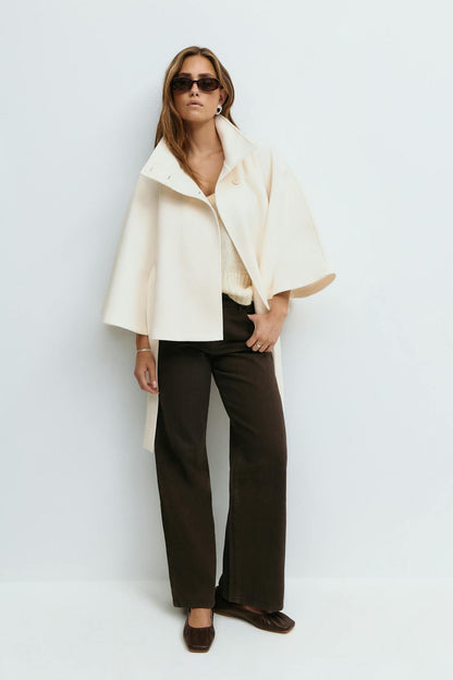 Women's cape coat with high collar and tie belt