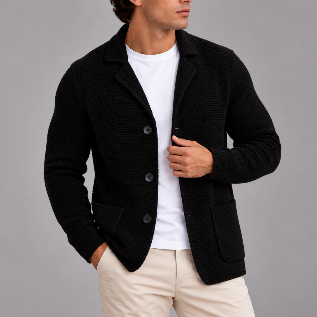 Men's knitted cardigan blazer with lapels, button front and patch pockets