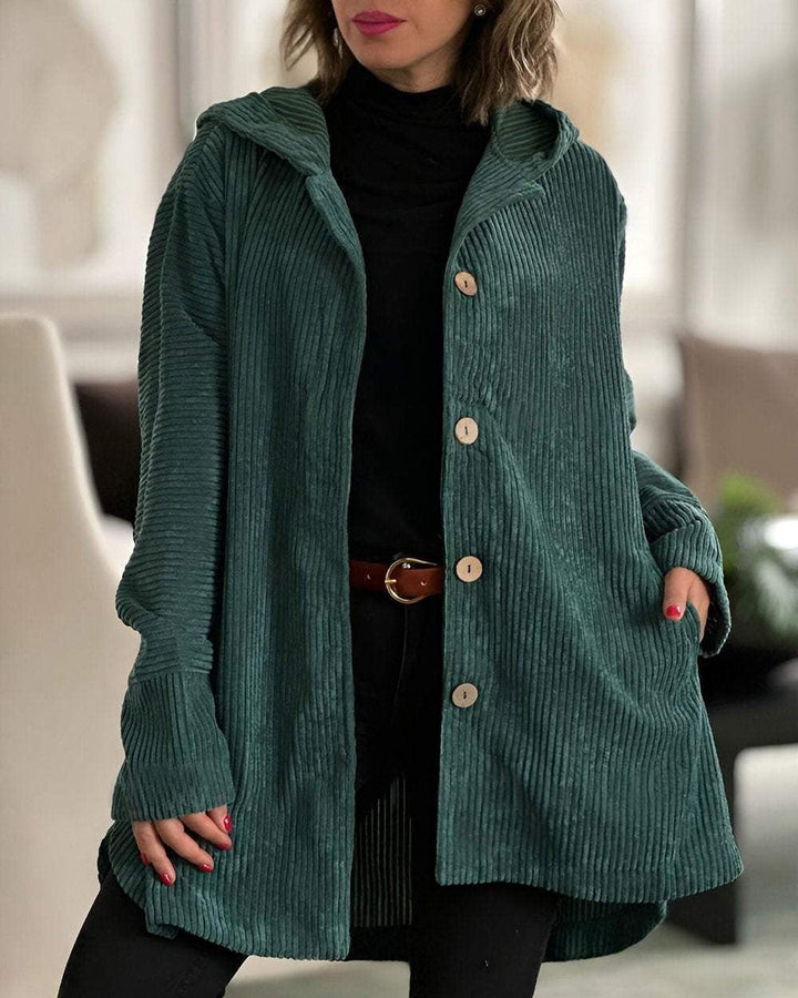 Women's hooded textured jacket with long sleeves and button front