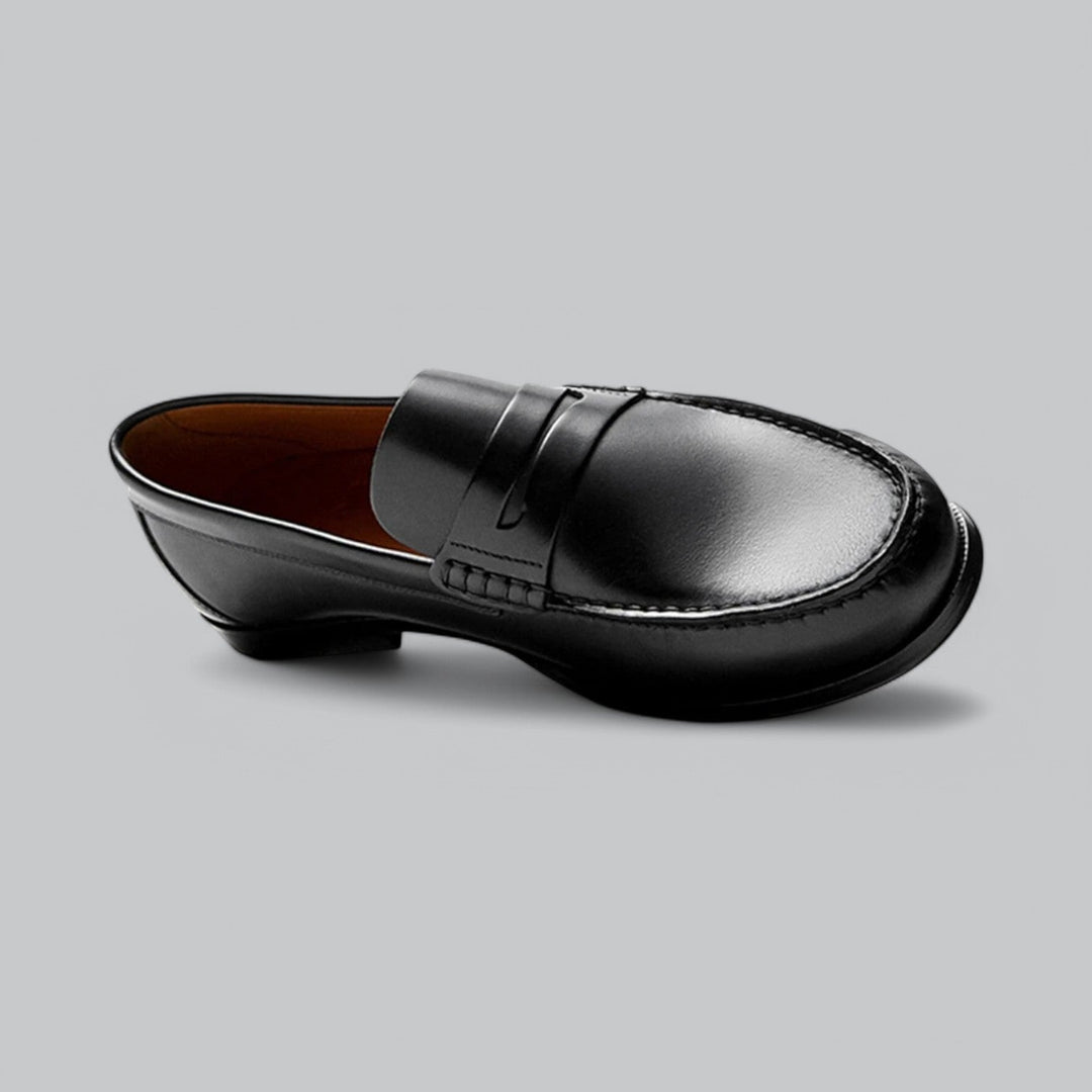 Men's penny loafers shown in black and dark brown