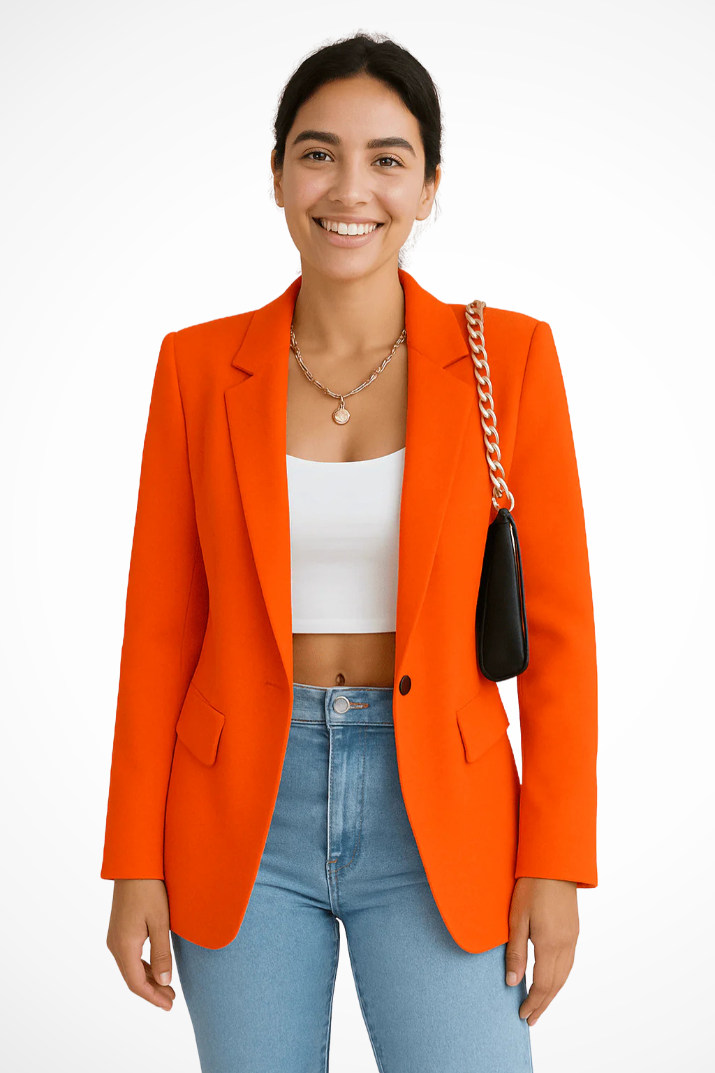 Women's tailored blazer with notched lapel, long sleeves, button fastening and flap pockets