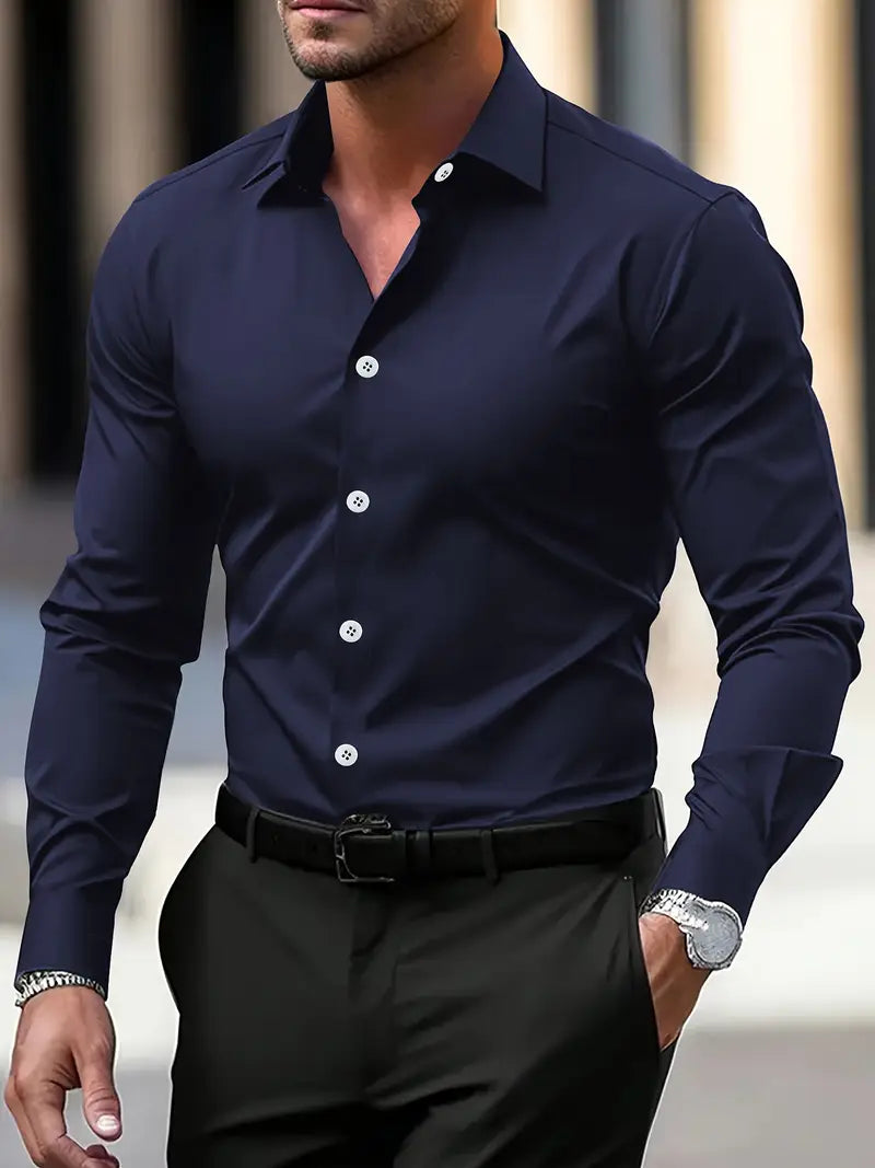 Men's slim fit long sleeve shirt with pointed collar and button front