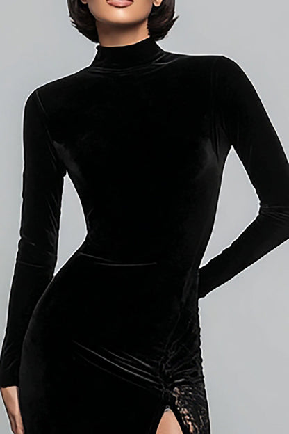 Women's black velvet mermaid maxi dress with high neck, long sleeves, lace panels and side slit
