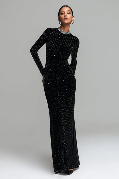 Women's black sparkly long-sleeve maxi dress with round neckline and embellished trim