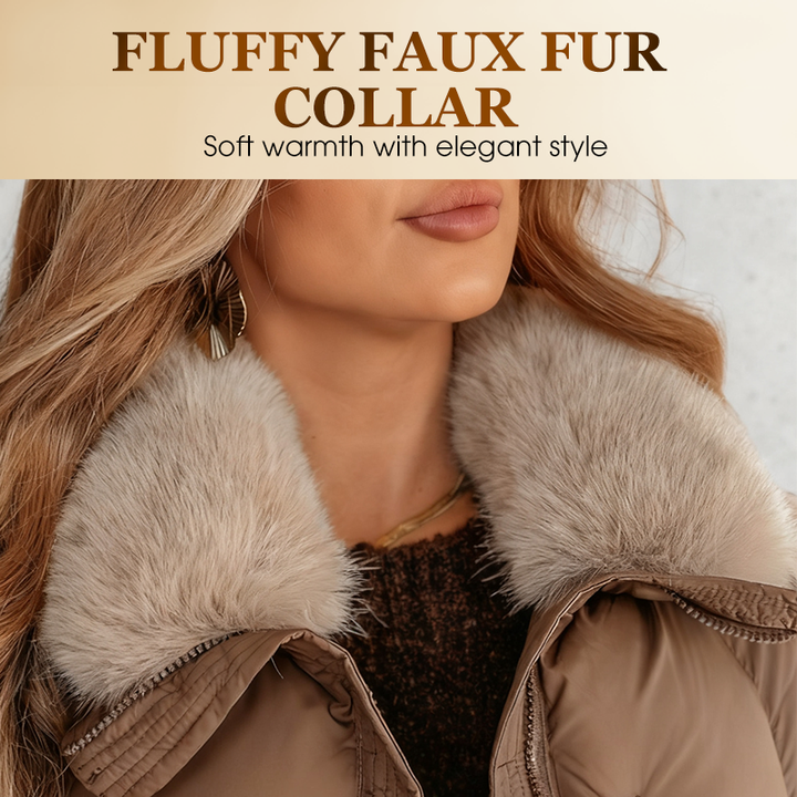 Women's short hooded puffer jacket with plush collar and pockets