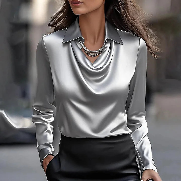 Women's long-sleeve cowl neck blouse with pointed collar and draped front