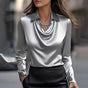 Women's long-sleeve cowl neck blouse with pointed collar and draped front