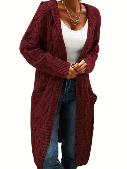 Women's longline textured open cardigan with long sleeves and side pockets