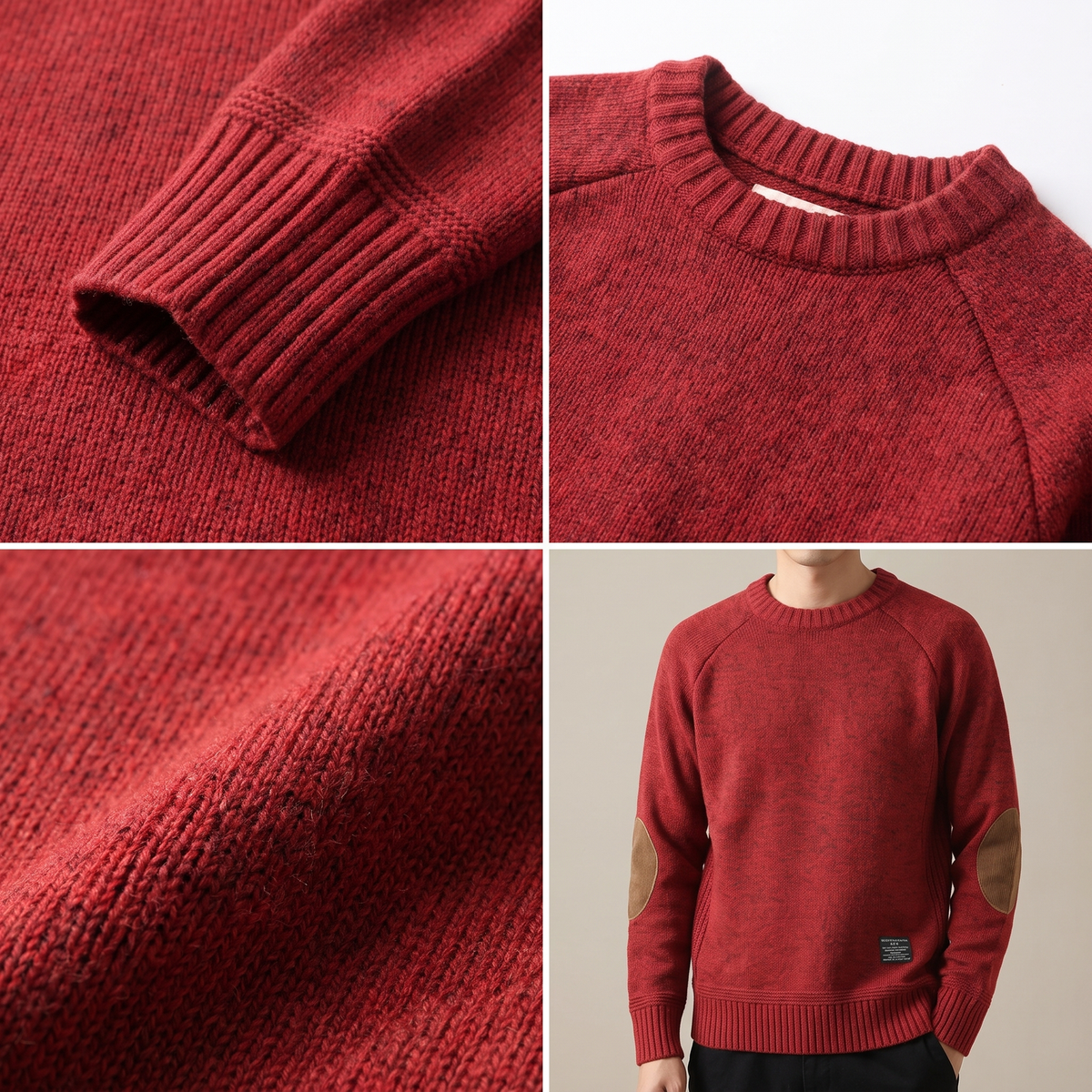 Textured crew neck knit sweater with contrasting elbow patches
