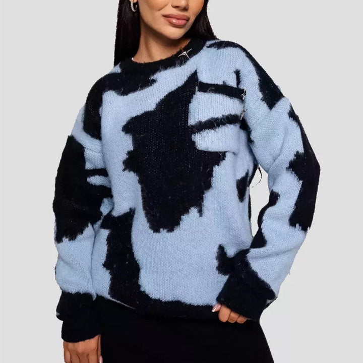 Women's abstract pattern round neck sweater with long sleeves